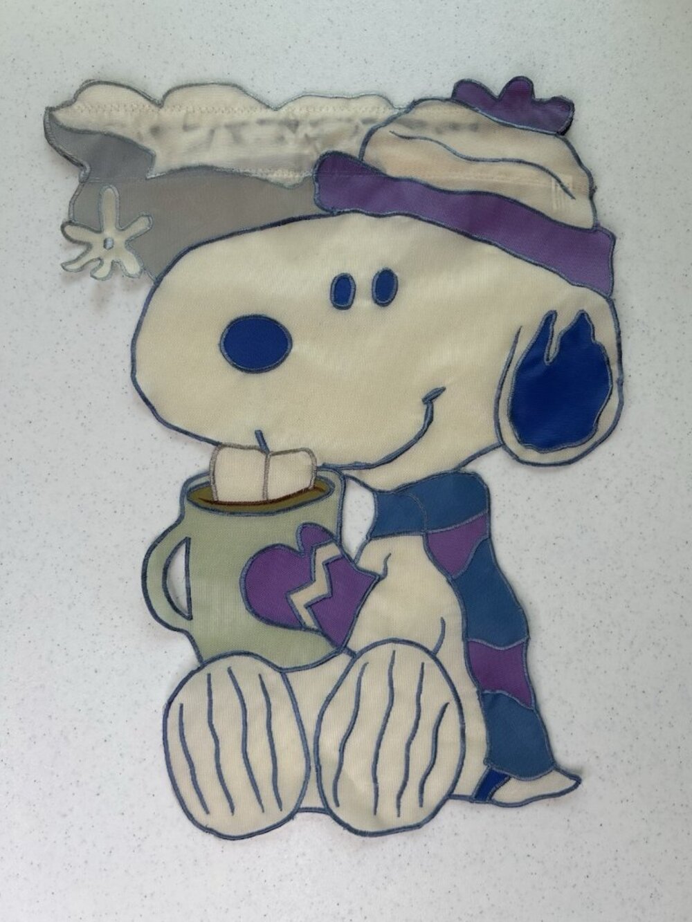 Snoopy Hot Chocolate Sculpted Garden Flag Peanuts Purple Blue Snow Christmas